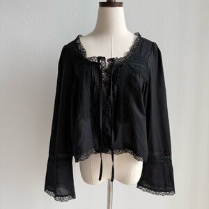 Black Long Sleeve Cotton Blouse with Lace Trim